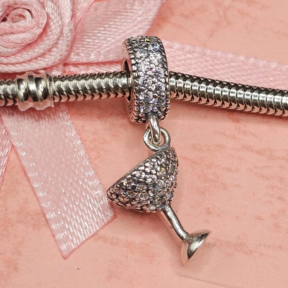Sterling Silver 925 Night Out Cocktail Glass Dangle CZ Charm